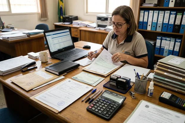 Mesa com documentos para regularização veicular em Teófilo Otoni.