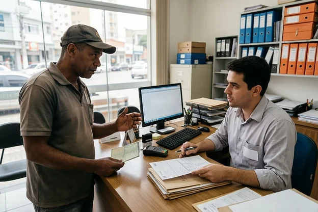 Motorista conversando com despachante sobre regularização de veículo em Teófilo Otoni.